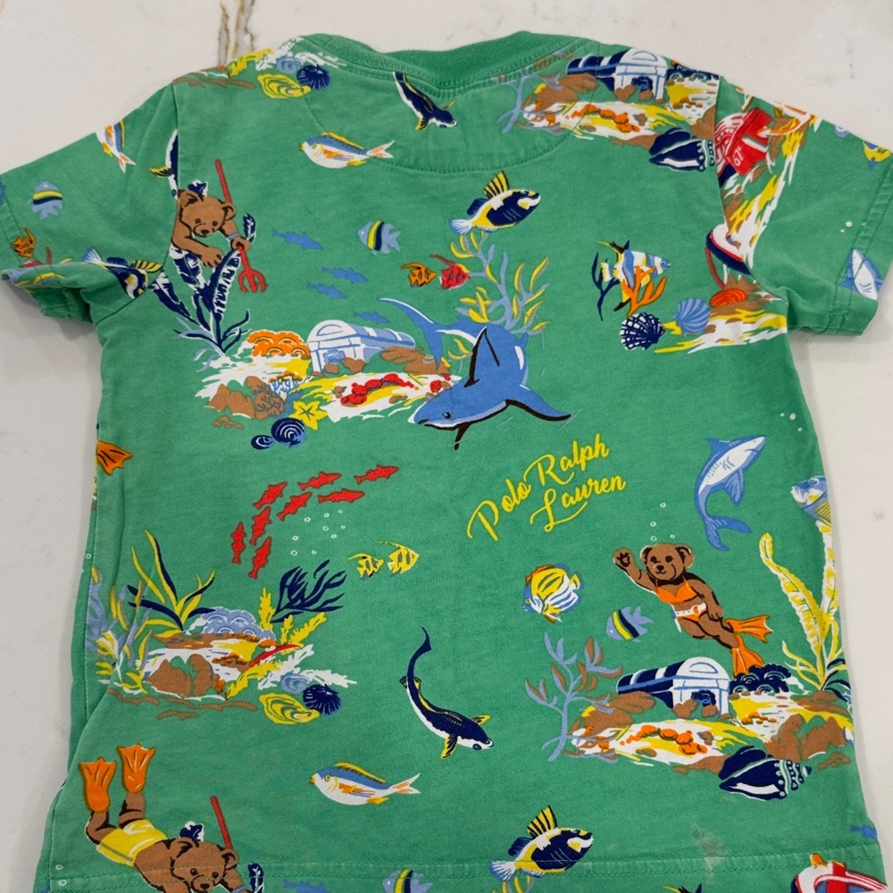 Polo by Ralph Lauren Kids T- Shirt in Green Ocean Print with Polo Bear - Picture 4 of 4